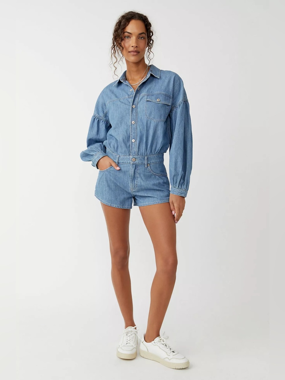 Free People Zodiac Chambray One-Piece Denim Jumper Romper Size S Western Country